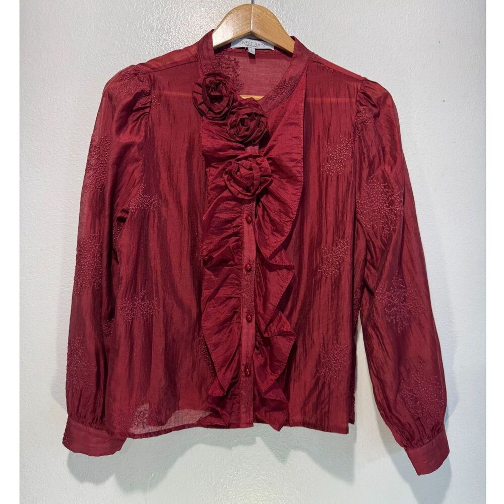 Sweet Rain blouse sheer red ruffle romantic embroidered fairy party women L